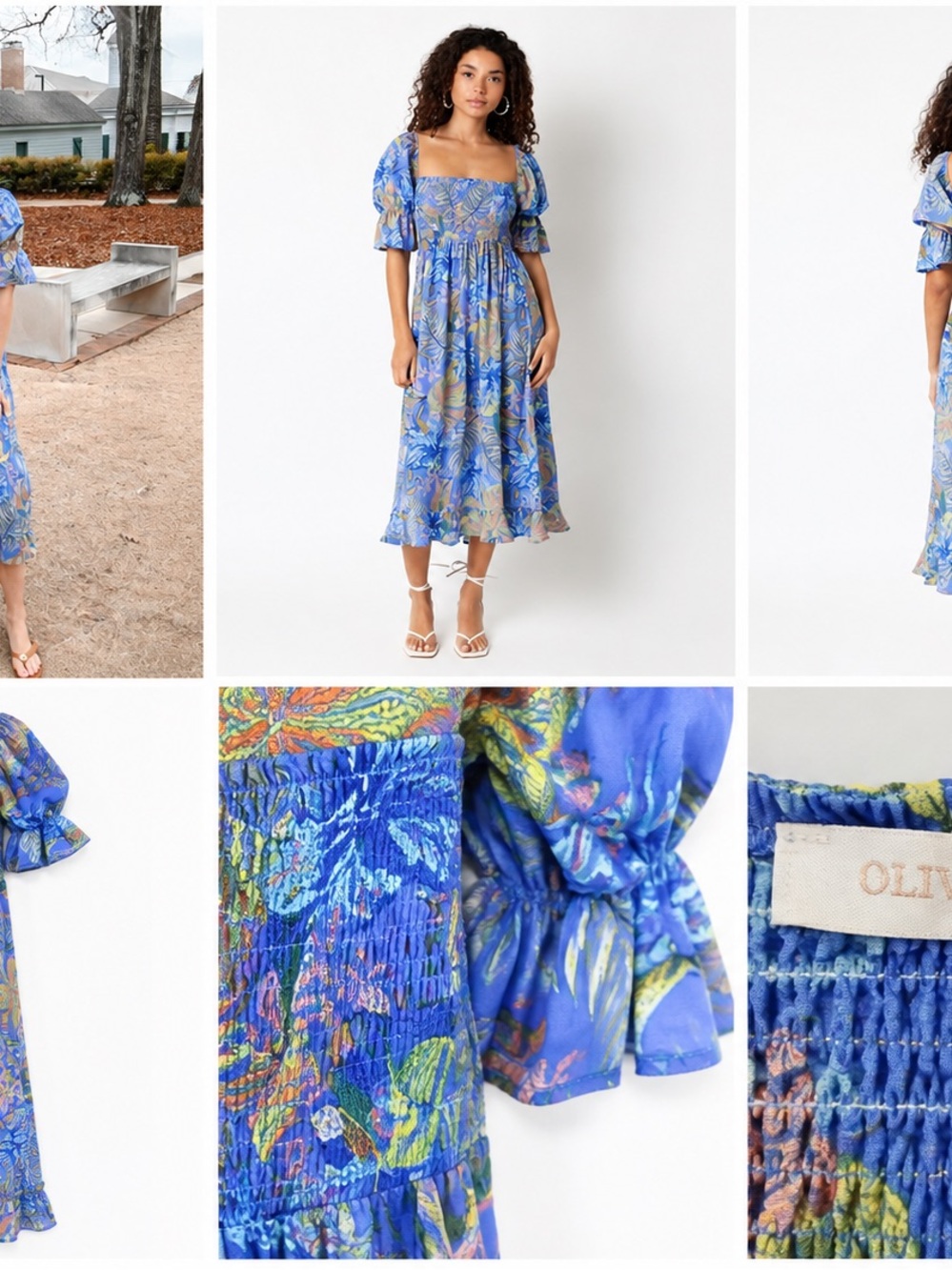 Olivaceous Blue Tropical Smocked Midi Dress Small Puff Sleeve